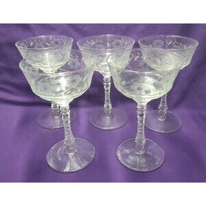 Set 5 Libbey Rock Sharpe Halifax Crystal Champagne Coupe Glasses Etched Floral